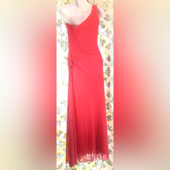 Candy Rocket Prom Off Shoulder Glitter Sparkle Coral Y2K Long Sheer Dress Small - Picture 9 of 15